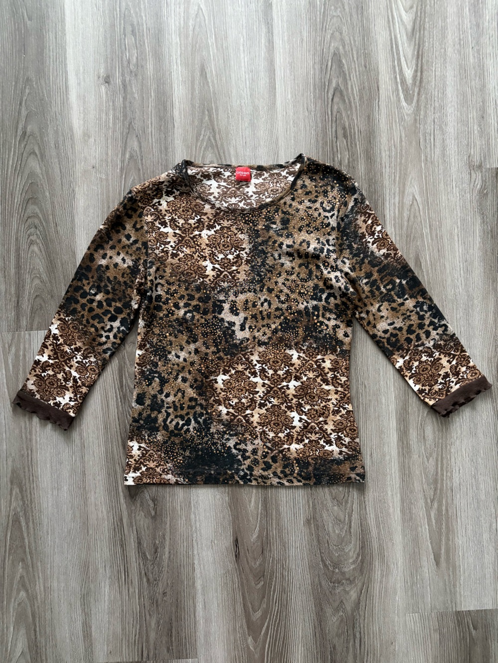 Olsen Europe Women’s Brown Patterned Quarter Sleeve Top - Floral & Leopard Mix